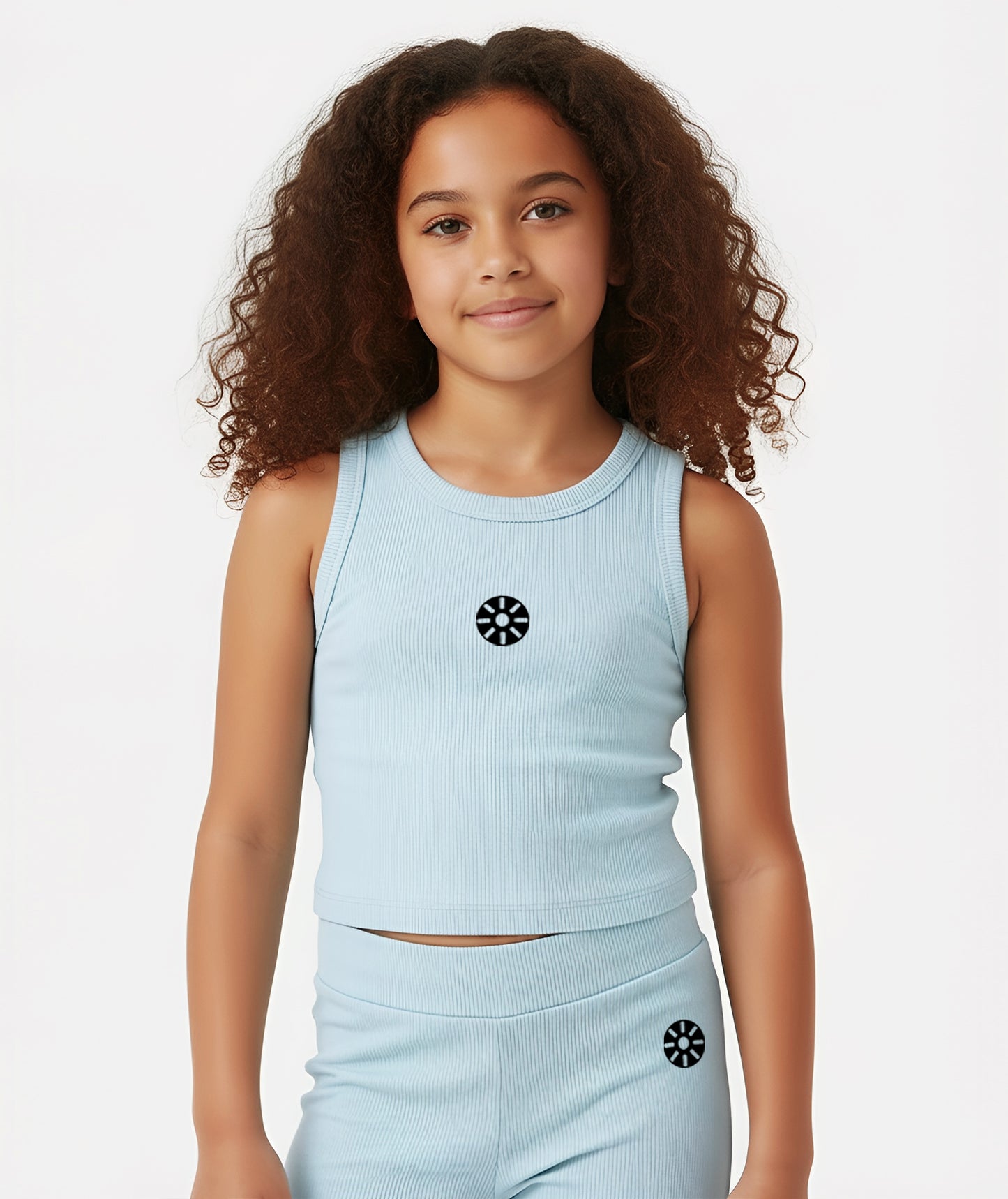 Close-up of Goldencubs girls baby blue cotton tank top featuring a minimalist logo, highlighting the premium ribbed cotton fabric and modern sleeveless silhouette.