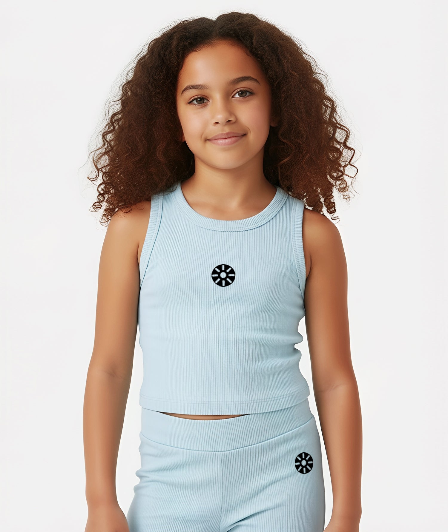 Close-up of Goldencubs girls baby blue cotton tank top featuring a minimalist logo, highlighting the premium ribbed cotton fabric and modern sleeveless silhouette.
