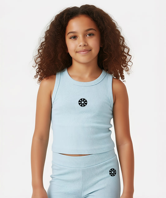 Close-up of Goldencubs girls baby blue cotton tank top featuring a minimalist logo, highlighting the premium ribbed cotton fabric and modern sleeveless silhouette.